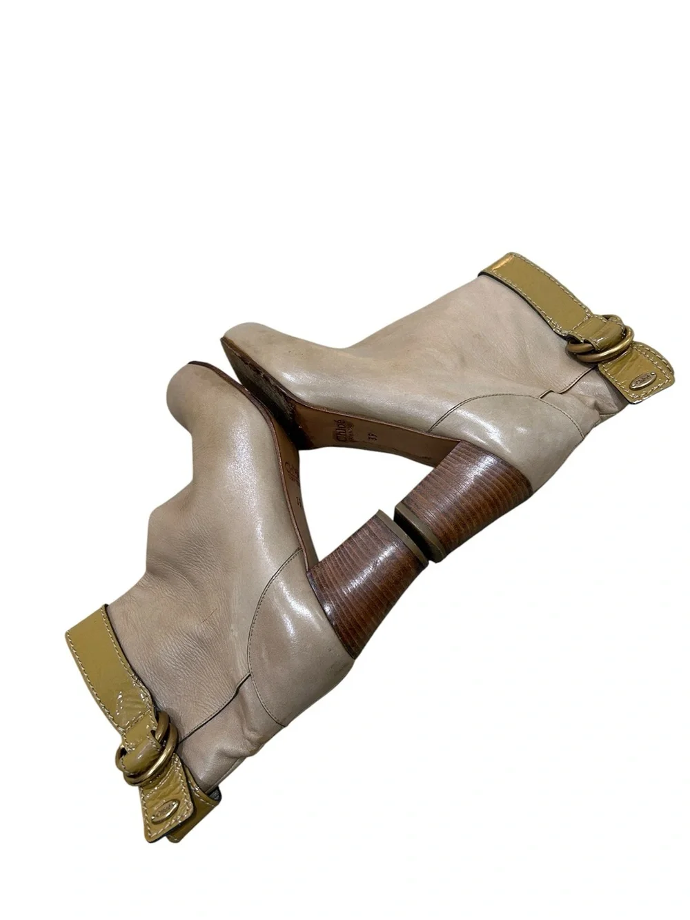 Chloe Beige Leather Ankle Boots with Olive Strap & Gold Buckle Italy size EU 39